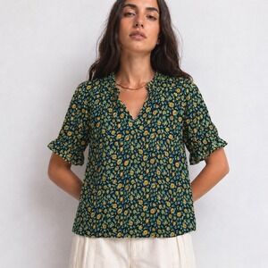 J.Crew Floral Ruffle Split Neck Flutter Sleeve Blouse Top XXS